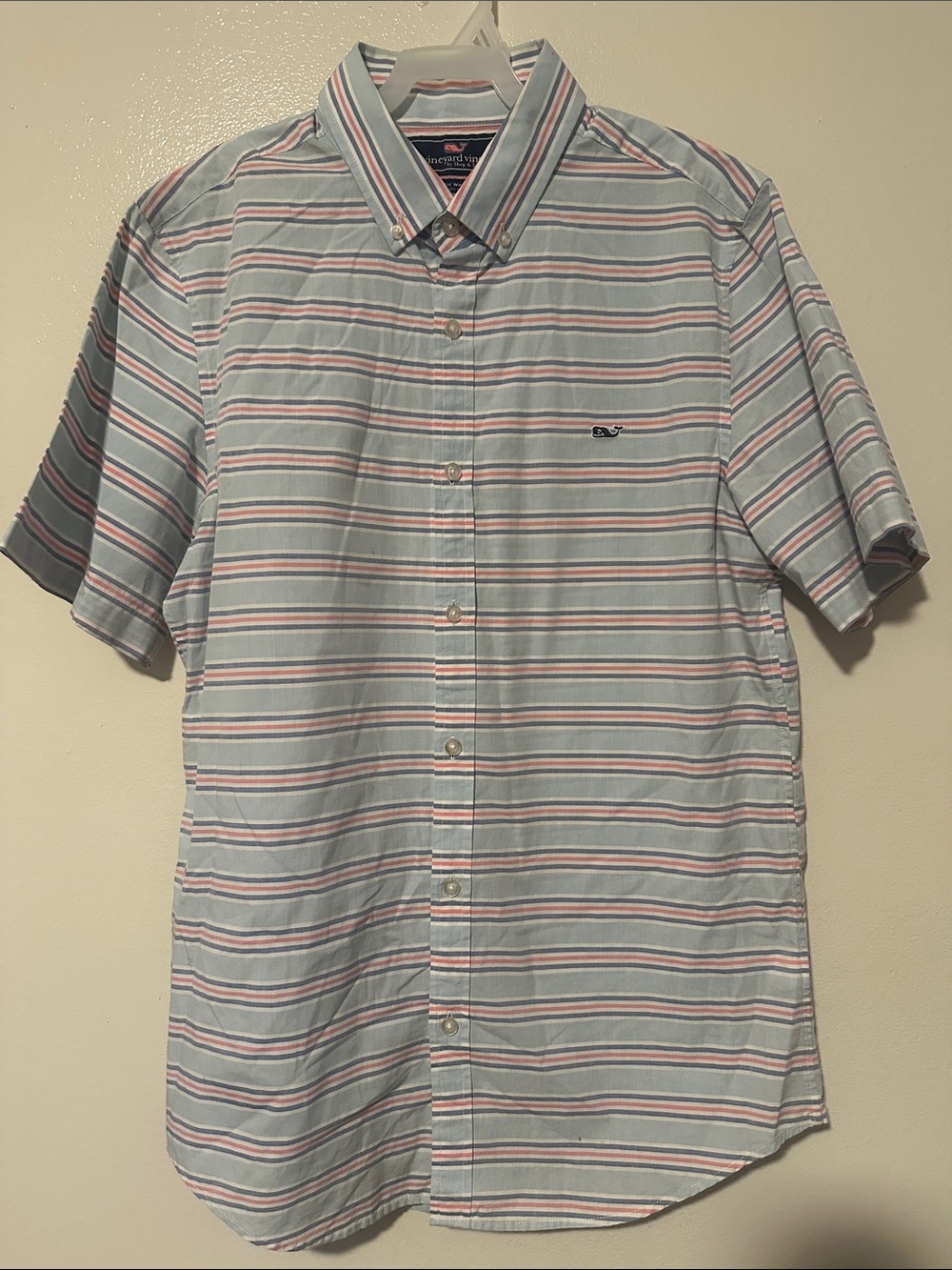 Vineyard Vines Light Blue and Pink Striped Short Sleeve Button-Down Shirt